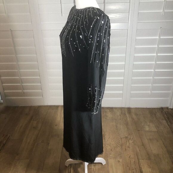 Vtg 80s Oleg Cassini Black Silk Beaded Cocktail Dress 8 Modest Holiday - Picture 10 of 12